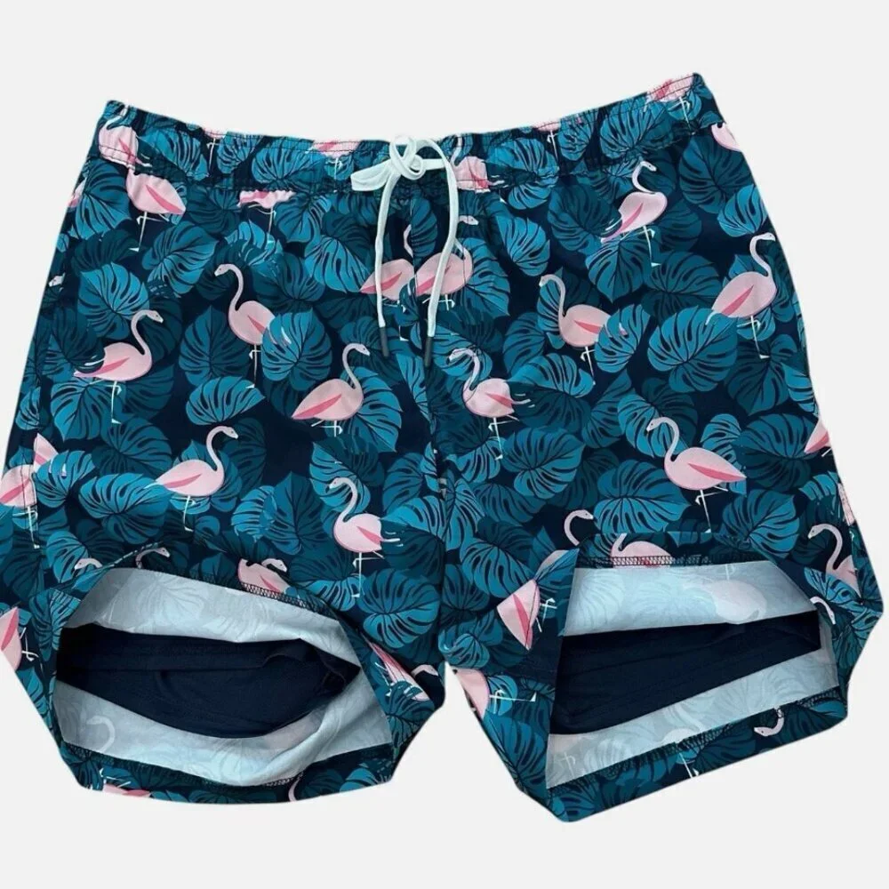 Men's Large Teal Flamingo Vacation Resort Swimming Lined Drawstring Trunk Shorts